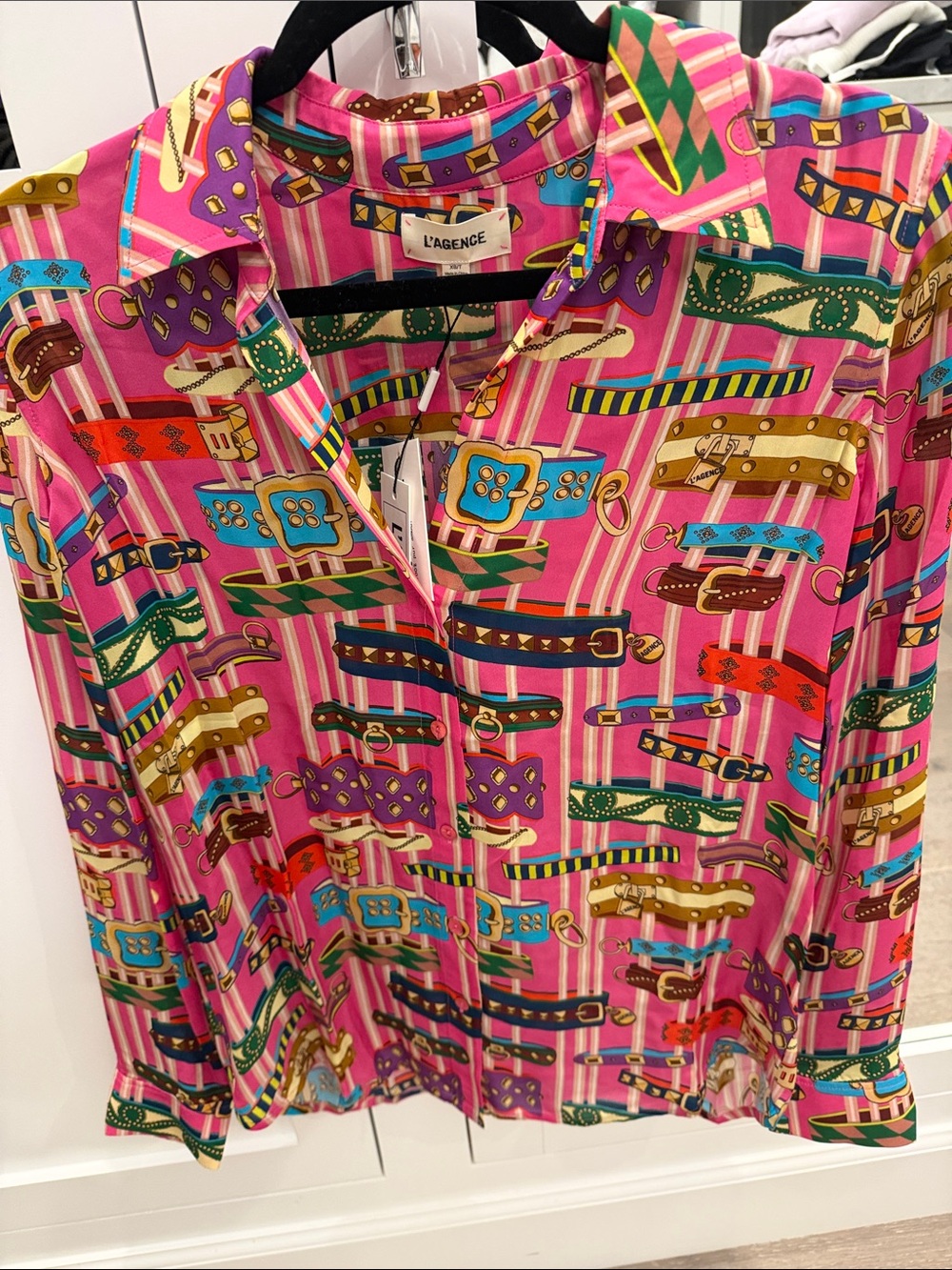 L'AGENCE Hot Pink Multicolor Belt-Print Silk Button-Up Top